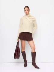 Cable Knit Wool-blend Round Neckline Long Sleeve Oversized Top With Shawl