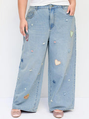 Cider Denim Mid Rise Heart & Star Appliques Floral Baggy Jeans Curve & Plus