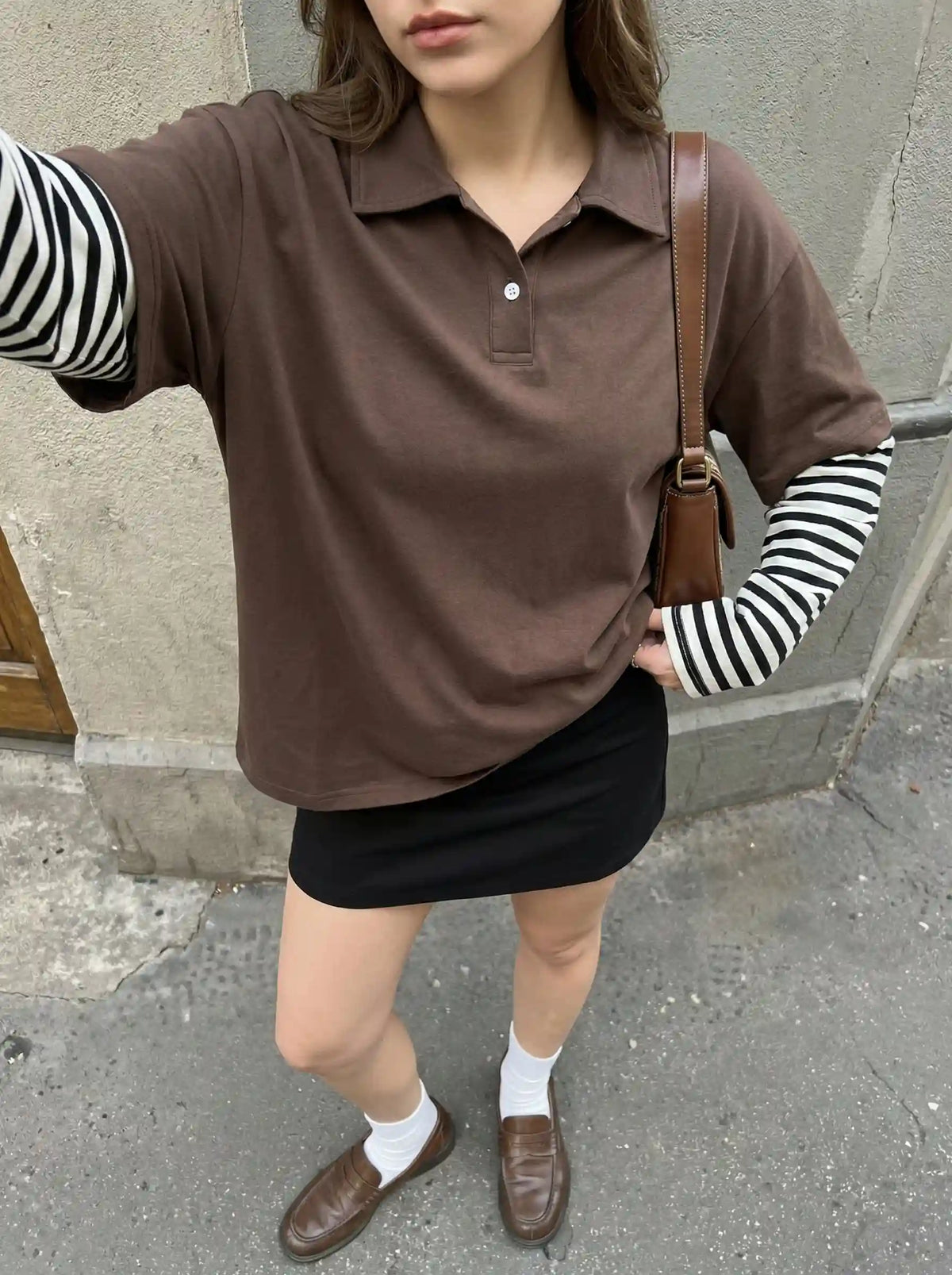 Collar Long Sleeve Striped Oversized Top