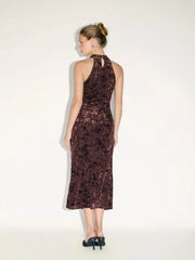 Velvet Halter Neckline Floral Ruched Midi Dress