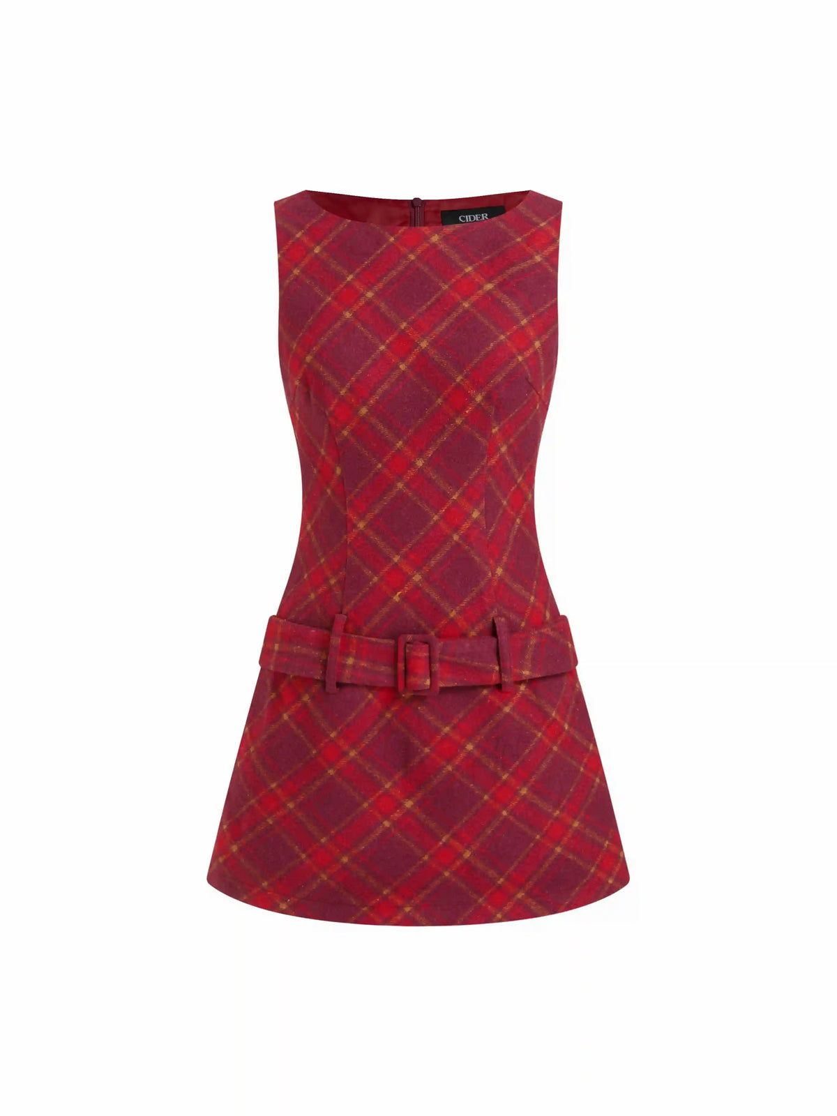 Cotton-blend Round Neckline Tartan Mini Dress With Belt
