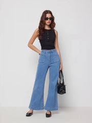 High Stretch Denim Mid Rise Straight Leg Trousers