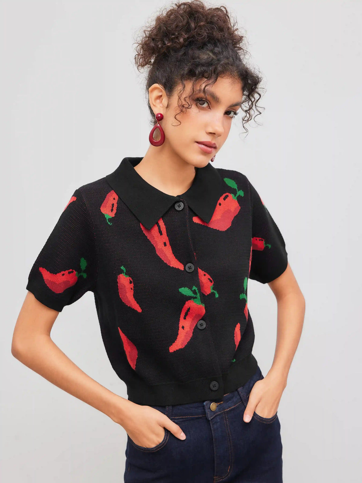 Knit Collar Pepper Button Short Sleeve Top