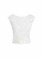 Textured Floral Boat Neck Sleeveless Lace Crop Top