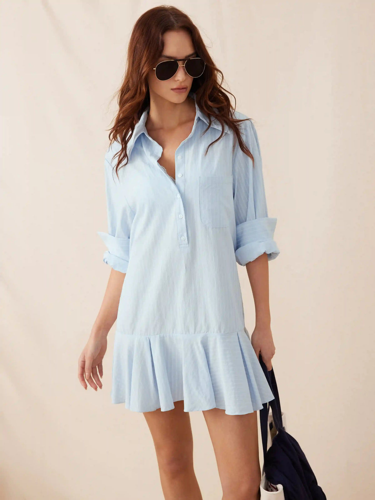 Striped Mid Rise Pleated Knotted Mini Shirt Dress