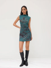 Stand Collar Figure Graphic Ruched Mini Dress