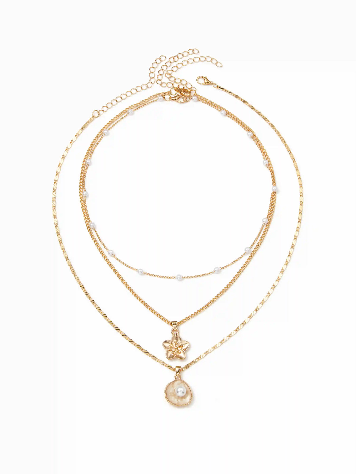 FLORAL & SHELL & FAUX PEARL LAYERED NECKLACE