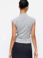 Cotton-blend Stand Collar Cap Sleeve Long Top