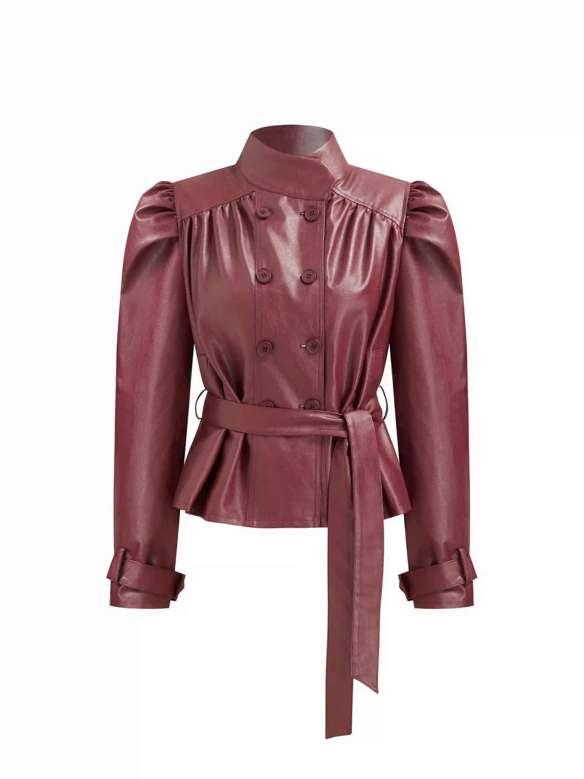 Faux Leather Funnel Neck Long Sleeve Double Breasted Shacket With Belt
