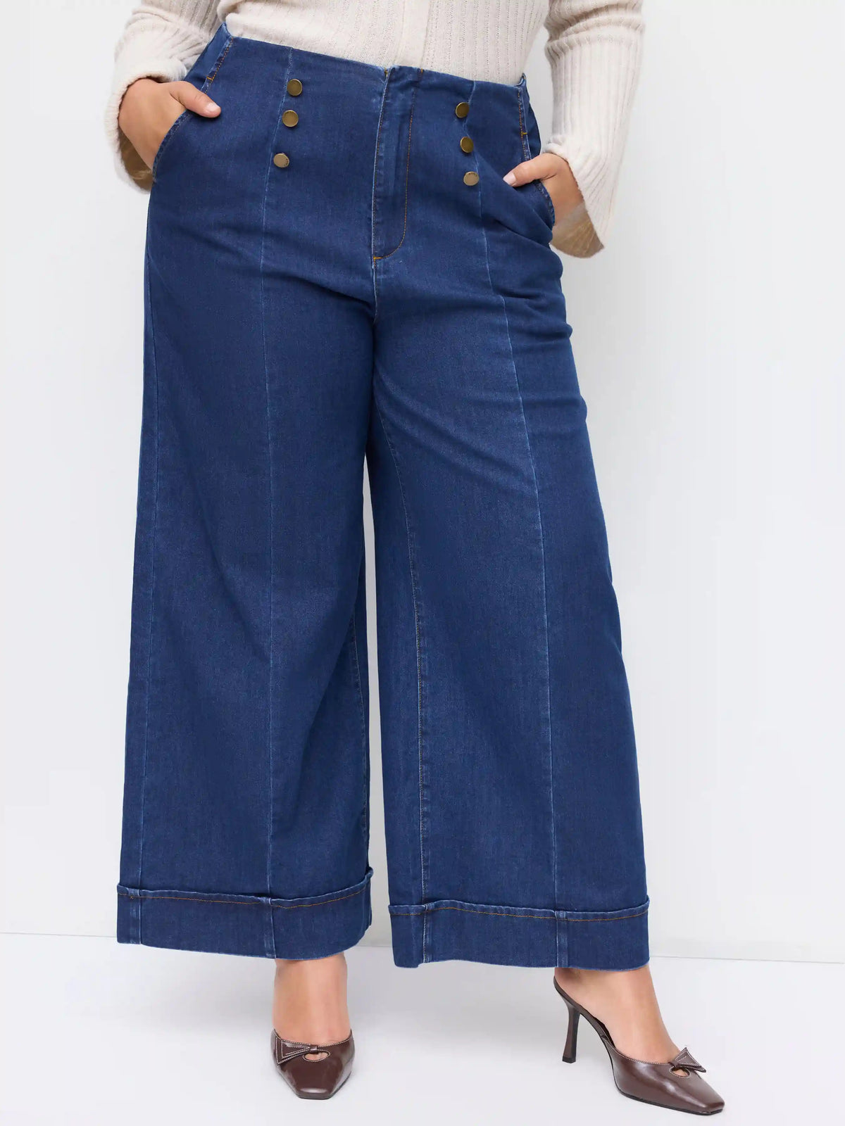 Stretch Denim Mid Rise Roll Hem Button Wide Leg Jeans Curve & Plus