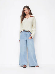 Knit Collar Contrasting Binding Long Sleeve Top