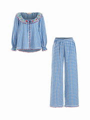 Cotton-blend Floral Scoop Neckline Gingham Top & Straight Leg Trousers Loungewear Set