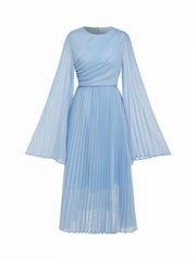 Chiffon Bell Sleeve Pleated Flared Maxi Dress