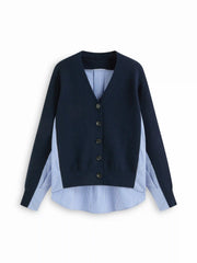 Two Tone Knit V-neck Striped Patched Oversized Cardigan