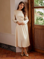 Satin Boat Neck Metal Detail Ruched Knotted Ruffle Midi Dress
