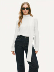 High Neck Long Sleeve Blouse Bodysuit With Scarf