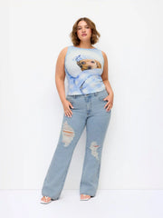 Stretch Denim Low Rise Ripped Flared Jeans Curve & Plus
