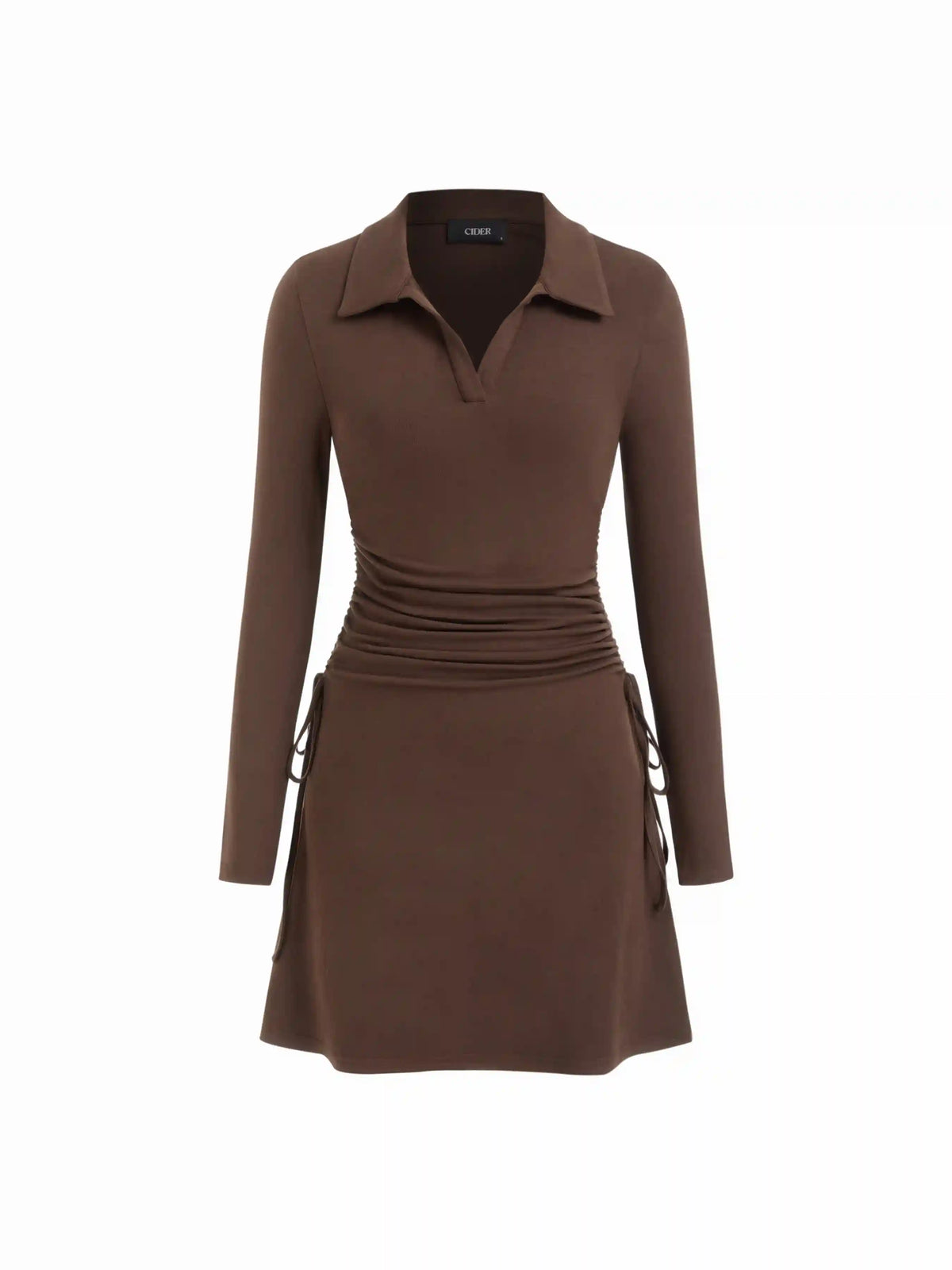 Polo Neck Drawstring Ruched Long Sleeve Mini Dress