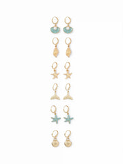 6 PAIRS STARFISH & SEA SHELL DROP EARRINGS SET
