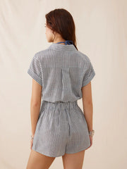 Linen-blend Striped Collar Twist Knot Mid Rise Romper