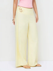 Linen-blend Mid Rise Floral Graphic Cut Out Straight Leg Trousers