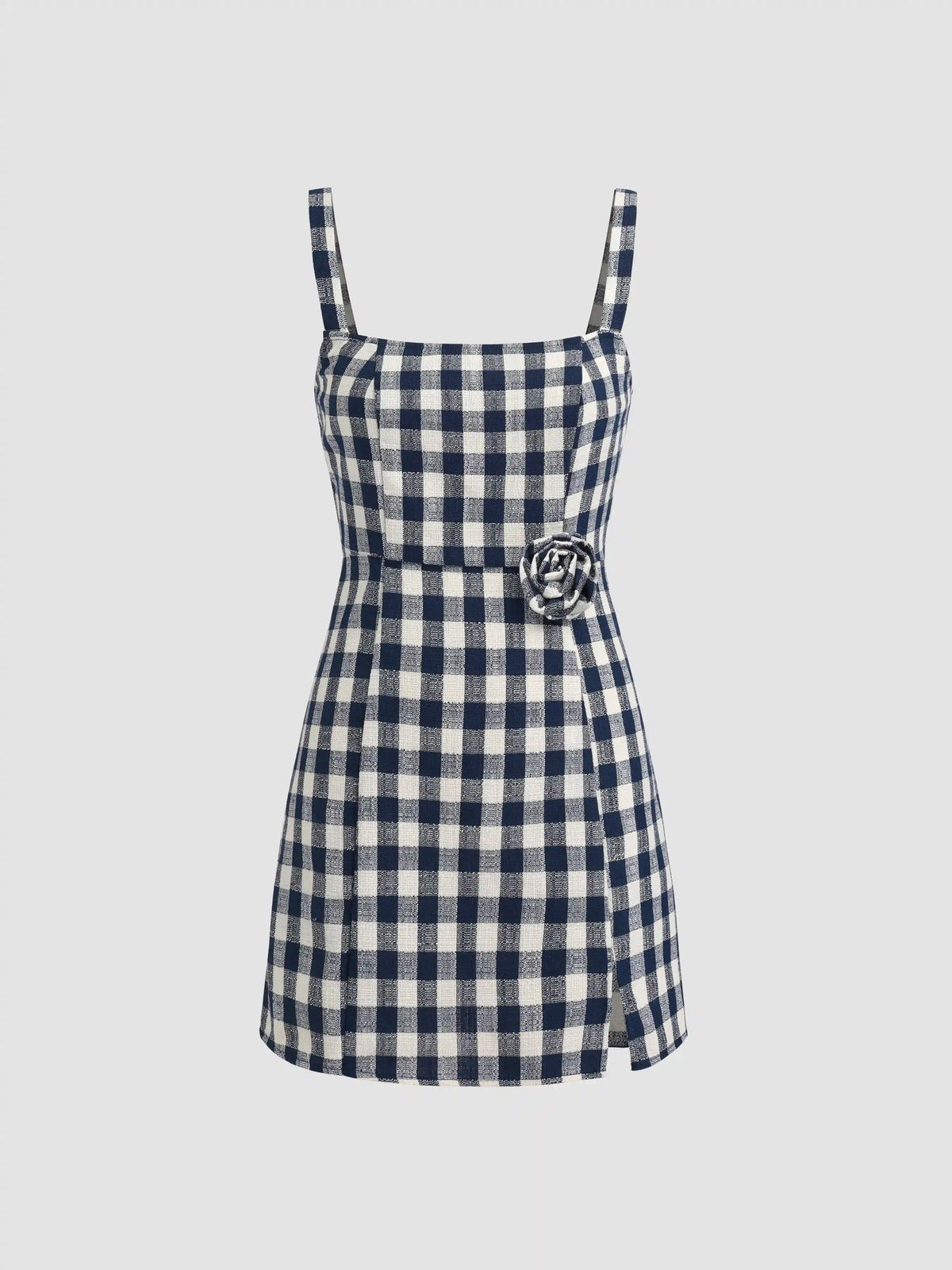 Square Neck Rosette Check Split Mini Dress