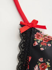 V-neck Floral Bowknot Halter Bikini Set & Cover Up Skirt