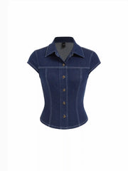 Stretch Denim Washed Short Sleeve Metal Detail Shirt