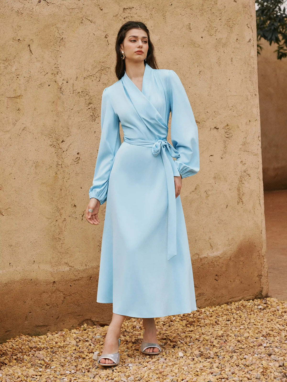 Satin V-neck Lantern Sleeve Bowknot Flared Maxi Dress