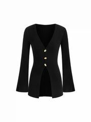 Knit V-neck Button Metal Detail Cardigan
