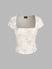 Cotton-blend Square Neck Floral Top