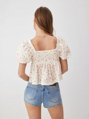 Cotton-blend Floral Sweetheart Lace Trim Puff Sleeve Cropped Blouse