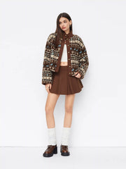 Fleece Aztec Print Stand Collar Long Sleeve Drawstring Button Jacket