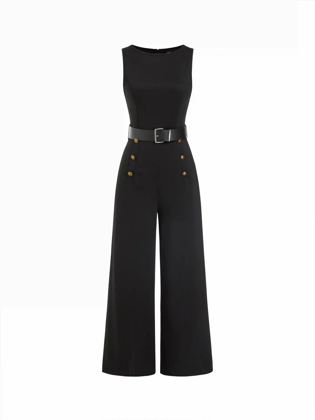 Boat Neck Metal Detail Mid Rise Wide Leg Jumpsuit With Belt