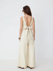 Linen-blend Boat Neck Backless Pleated Oversized Wide Leg Jumpsuit