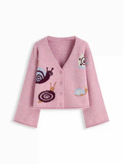Jacquard Knit V-Neck Snail Bell Sleeve Oversized Cardigan