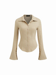 Cotton-blend Striped Collar Bell Sleeve Curved Hem Button Shirt