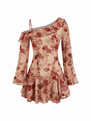 Chiffon Rose Pattern Ruffle Hem Asymmetrical Neck Dress