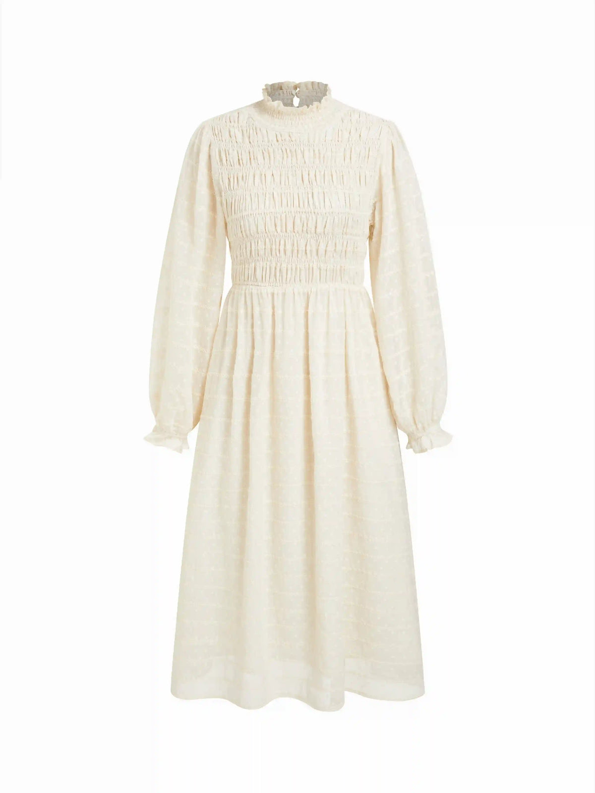 Textured Stand Collar Shirred Lantern Sleeve Maxi Dress