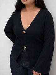 Cotton-blend V-neck Split Long Sleeve Top Curve & Plus