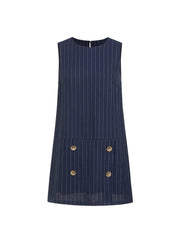 Woven Striped Buttons Sleeveless A-line Mini Dress
