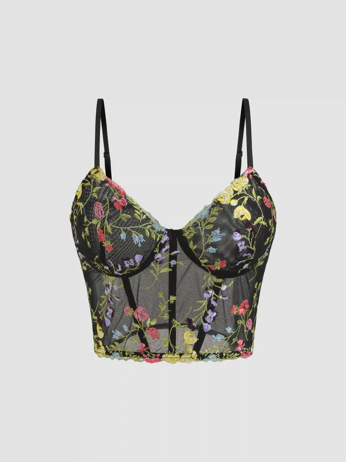 Mesh V-neck Floral Embroidery Crop Cami Top