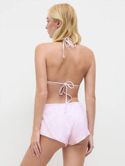 Halter Neckline Bowknot Lace Bikini Set & Cover Up Shorts