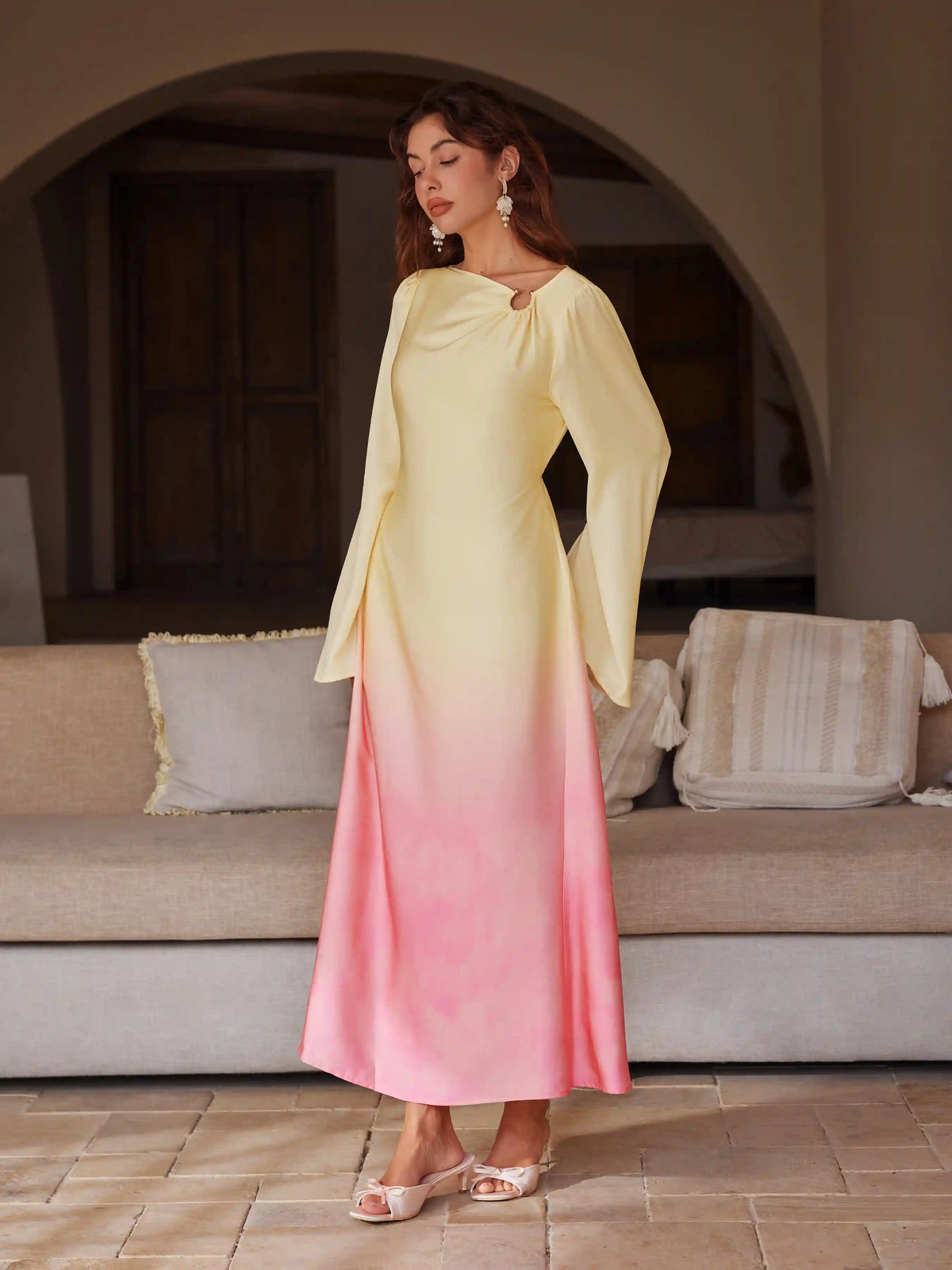 Satin Boat Neck Pierced Gradient Maxi Dress
