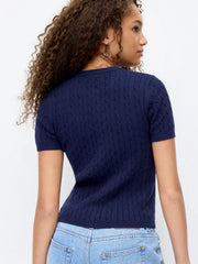 Cable Knit Wool-blend Round Neckline Cherry Embroidery Button Top