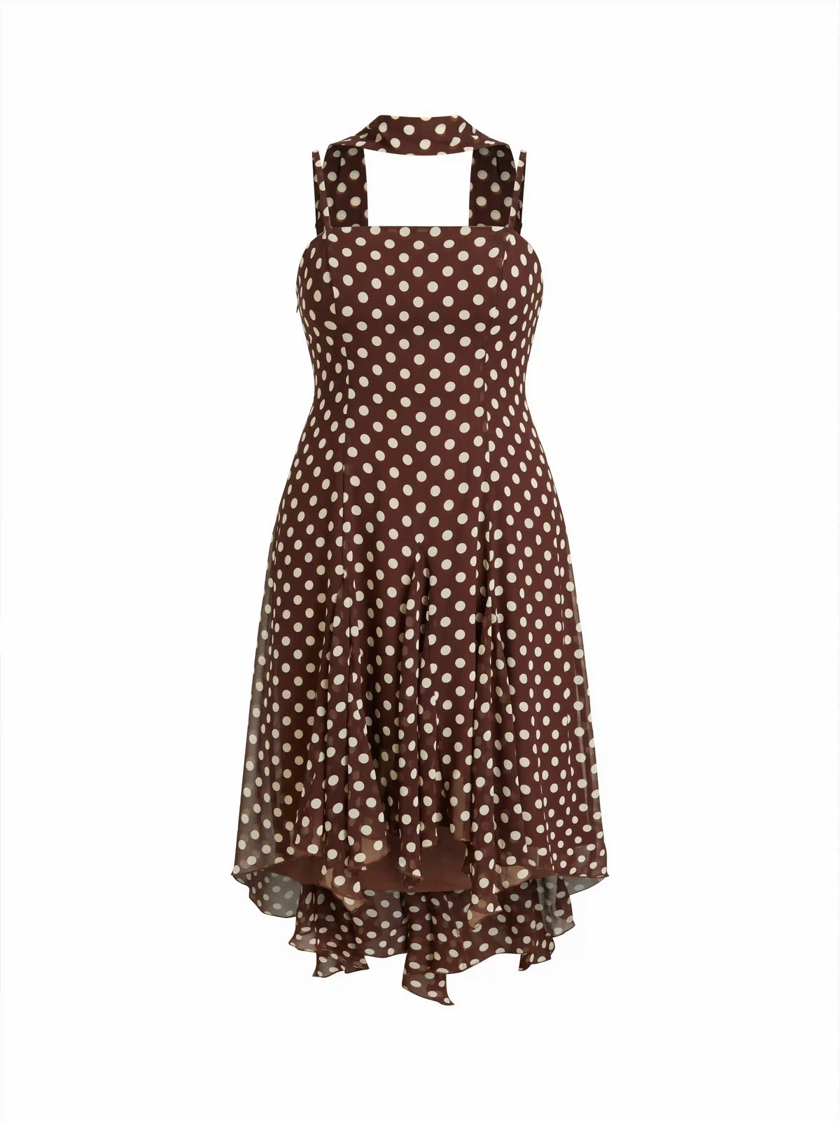 Chiffon Halter Neckline Polka Dot Ruffled Hem Ruched Maxi Dress Curve & Plus