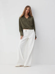 Satin Long Sleeve Wrap Front Blouse