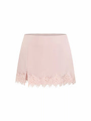 Satin Low Rise Lace Trim Split Bodycon Mini Skirt
