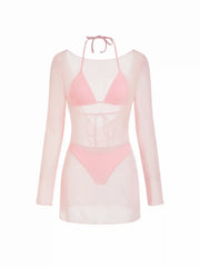 Halter Neckline Triangle Bikini Set With Sheer Cover Up Dress