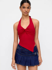 Cotton-blend Halter Neck Ruched Asymmetrical Hem Top